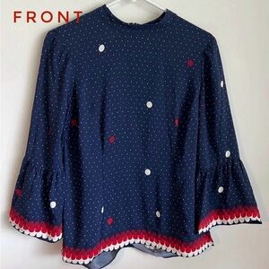 Boden navy polka dot high neck flounce sleeve blouse size 4